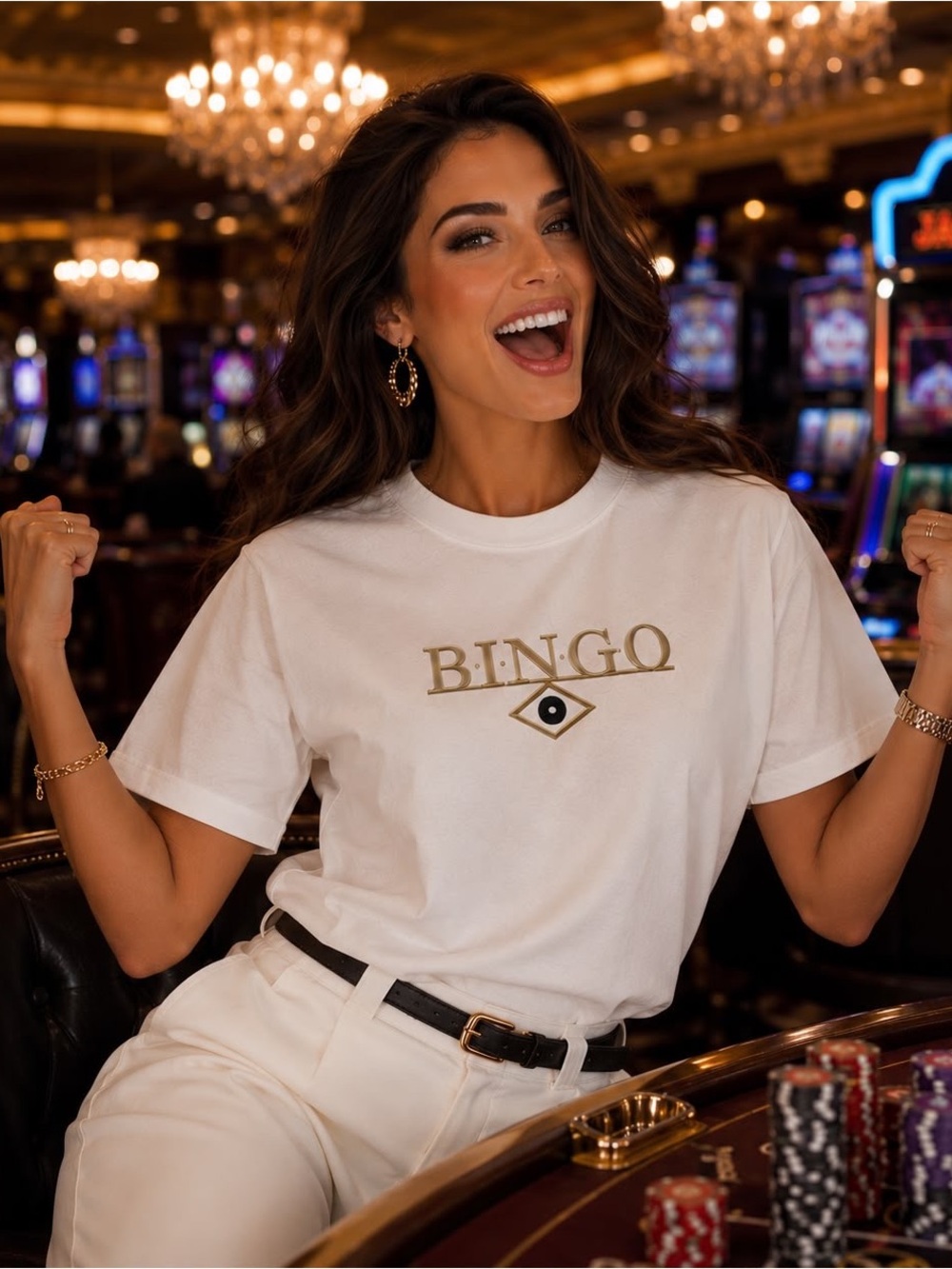 Lucky Bingo Rhinestone Graphic Tee White Cotton Unisex L